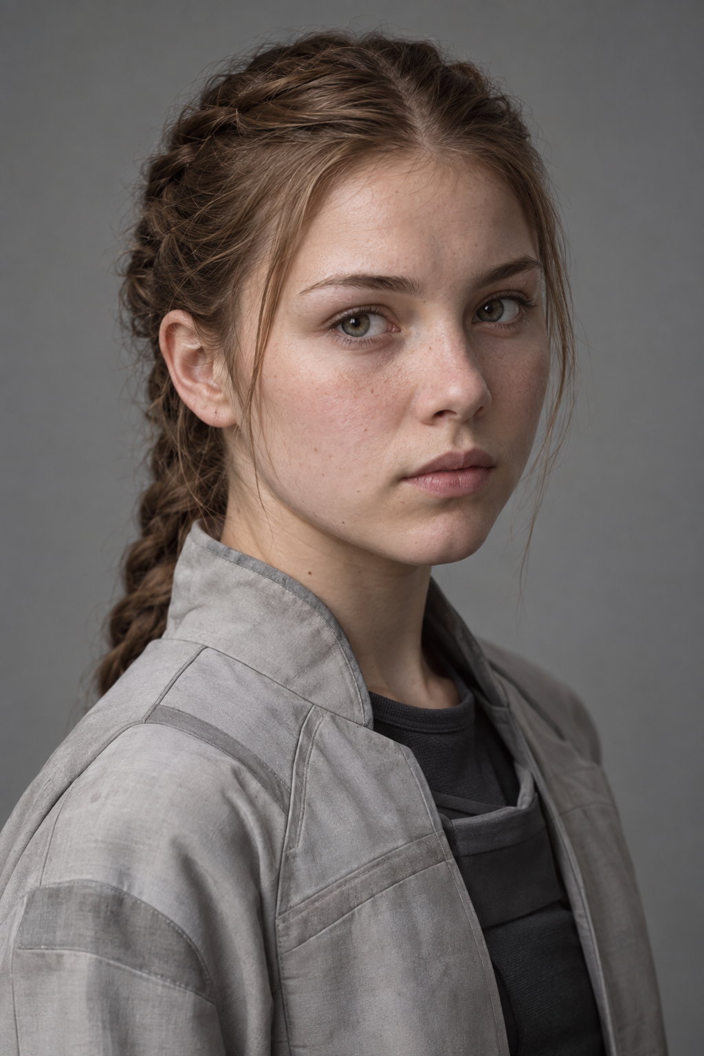 Ava, a teenager with light brown hair worn in a long braid, in a pale grey canvas jacket over dark layers, looking past the camera.