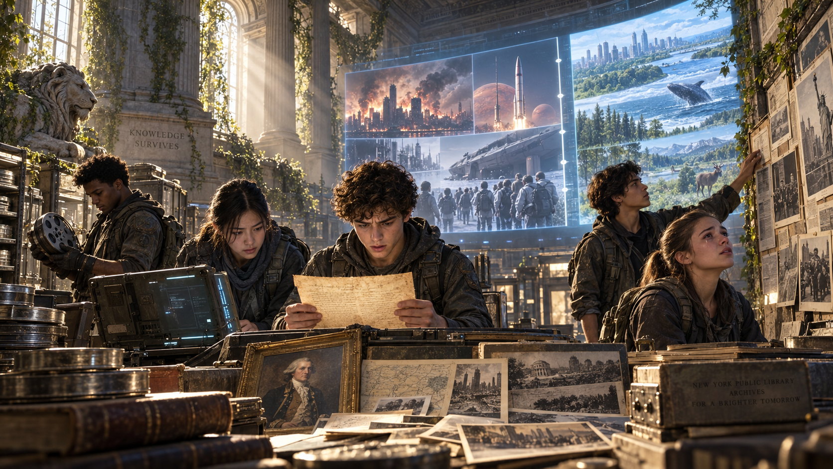 The five teenagers inside the ruined, ivy-grown New York Public Library, sunlight falling through the tall windows onto film canisters, archive crates, old books, maps and photographs. A wide screen above them shows a burning city, a rocket leaving for Mars, and a living Earth of forest, ocean, a breaching whale and a deer at the water. Jack reads a handwritten page; carved stone beside them reads KNOWLEDGE SURVIVES.