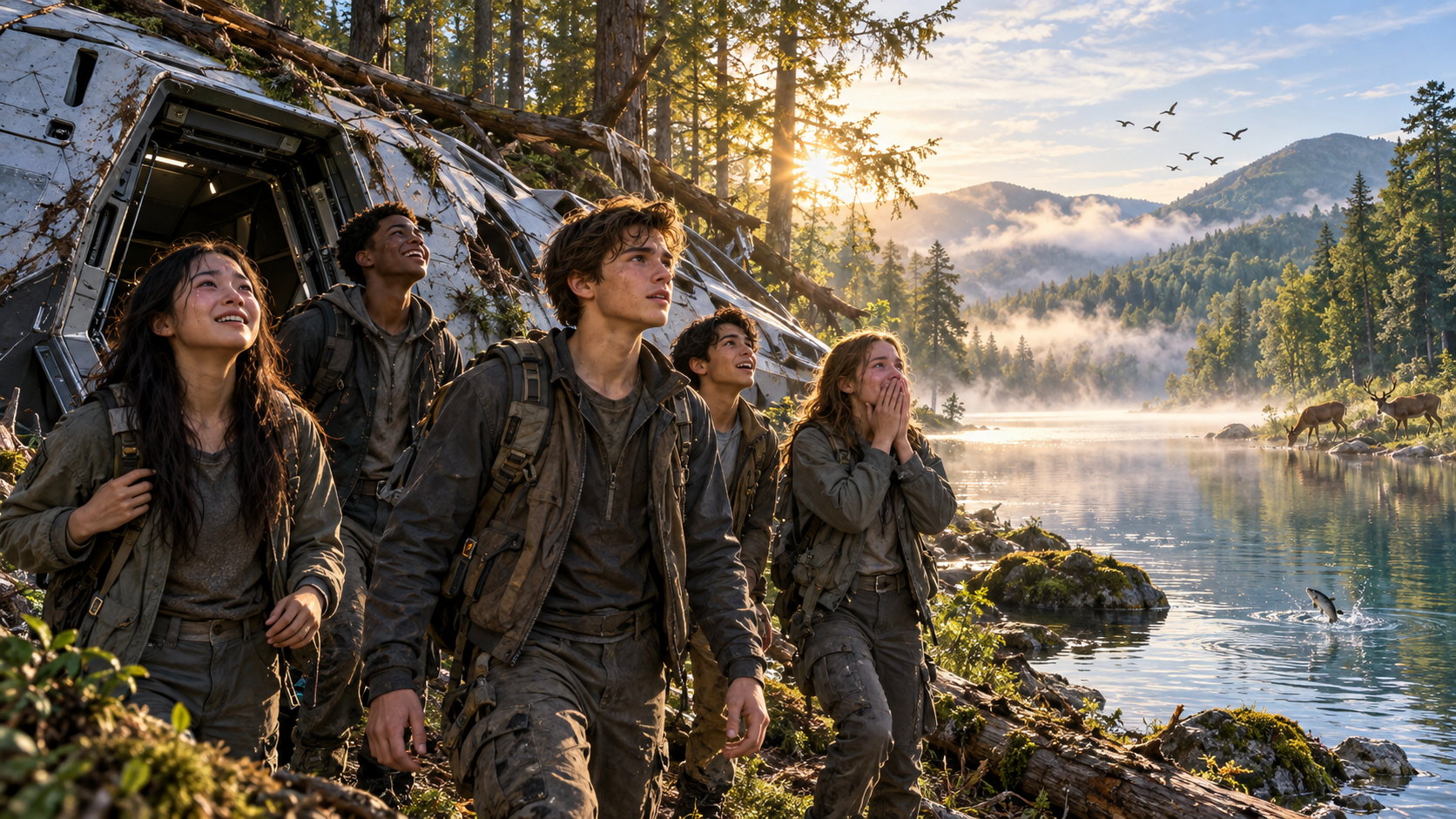 The five teenagers climbing away from their wrecked craft on the shore of a clear lake on Earth, mist lying on the water, pine forest and mountains beyond, birds overhead and deer drinking at the far bank.