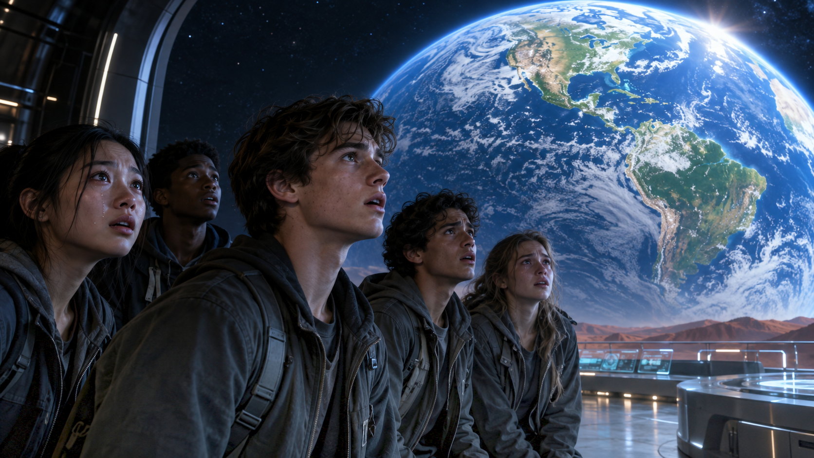 The five teenagers pressed close together at an observation window, lit blue by a living Earth that fills the view: white cloud, blue ocean and green continents, with the red Martian horizon below the glass.