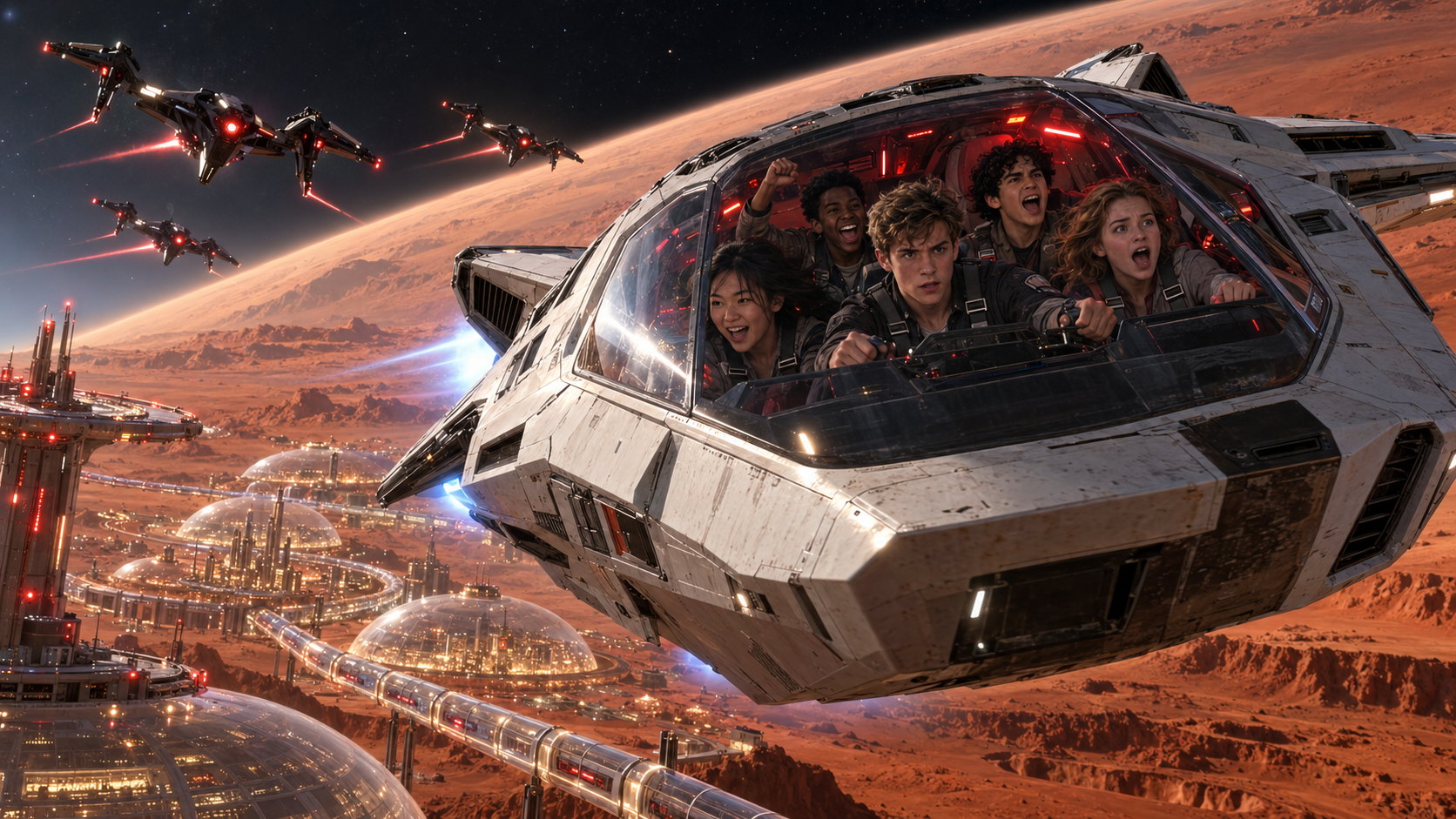 The five teenagers inside the cockpit of a small stolen craft banking hard away from the lit domes of the Martian colony, with four red-lit interceptors closing from behind.