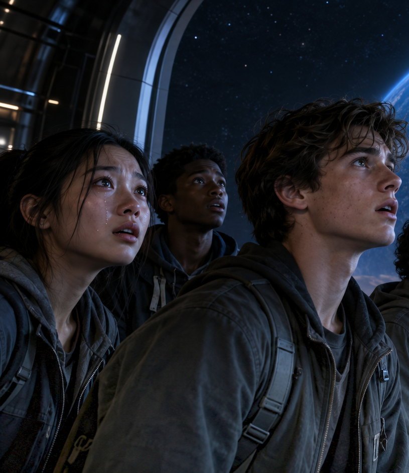 Mei Chen and Jack Rush side by side at the observation window, faces lit by the Earth, both looking up at it in the same moment of silence, Malik just behind them.