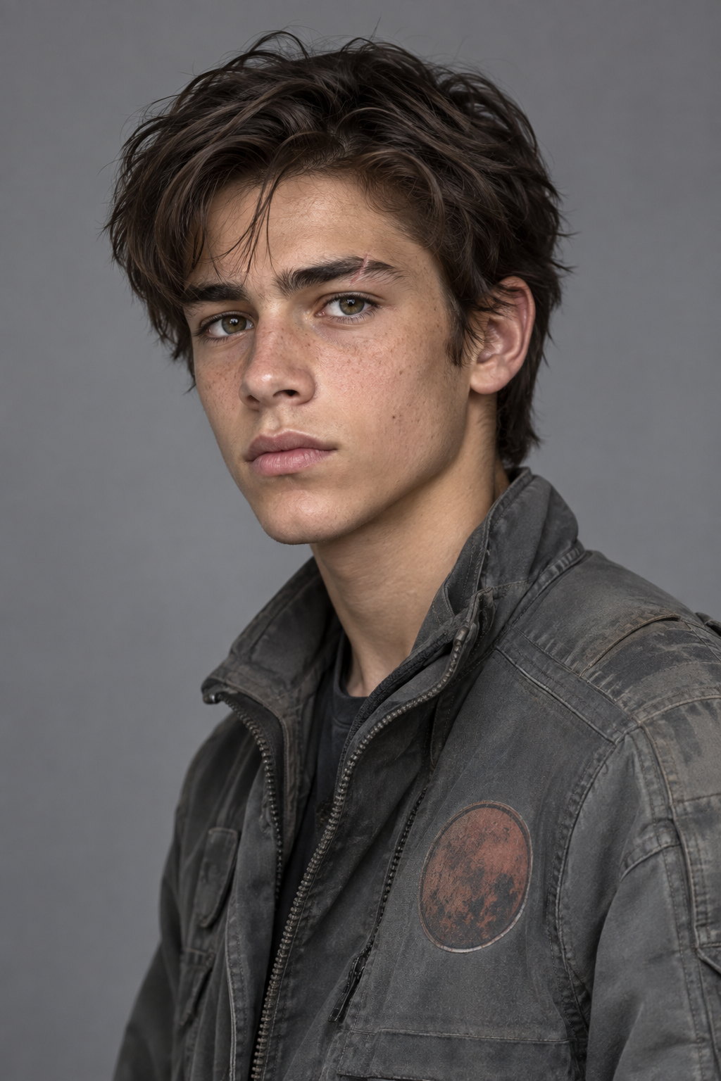 Jack Rush, a teenager with tousled dark brown hair and a small scar through one eyebrow, in a worn grey flight jacket with a faded red planet patch on the chest, looking straight at the camera.