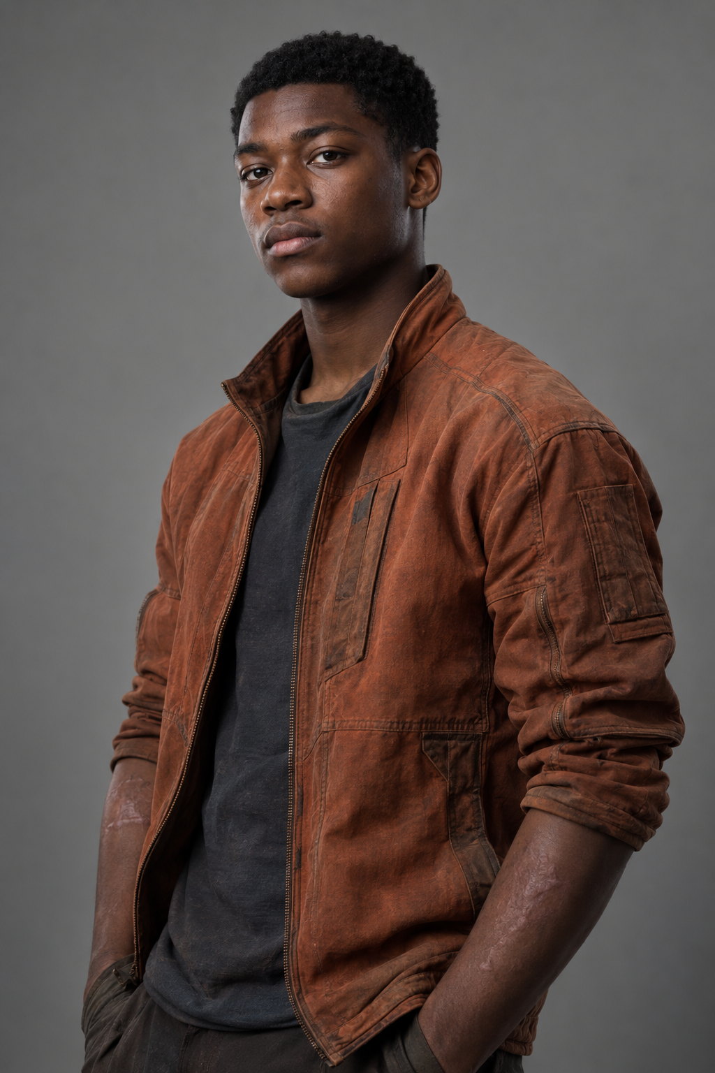 Malik, a teenager in a worn rust-brown work jacket over a dark shirt, hands in his pockets, standing squarely and looking at the camera.