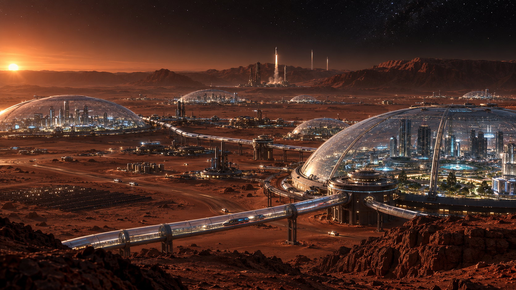 The Martian colony at night, seen from a ridge. Glass domes hold lit cities, a transit tube runs between them across the red plain, and rockets stand on a distant launch pad under a low orange sun.