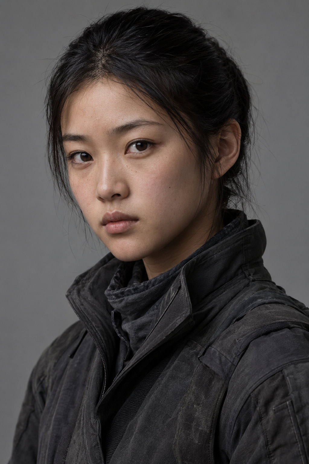 Mei, a teenager with black hair pulled back from her face, in a heavy weathered grey work coat with a high collar, turned slightly and watching something off camera.
