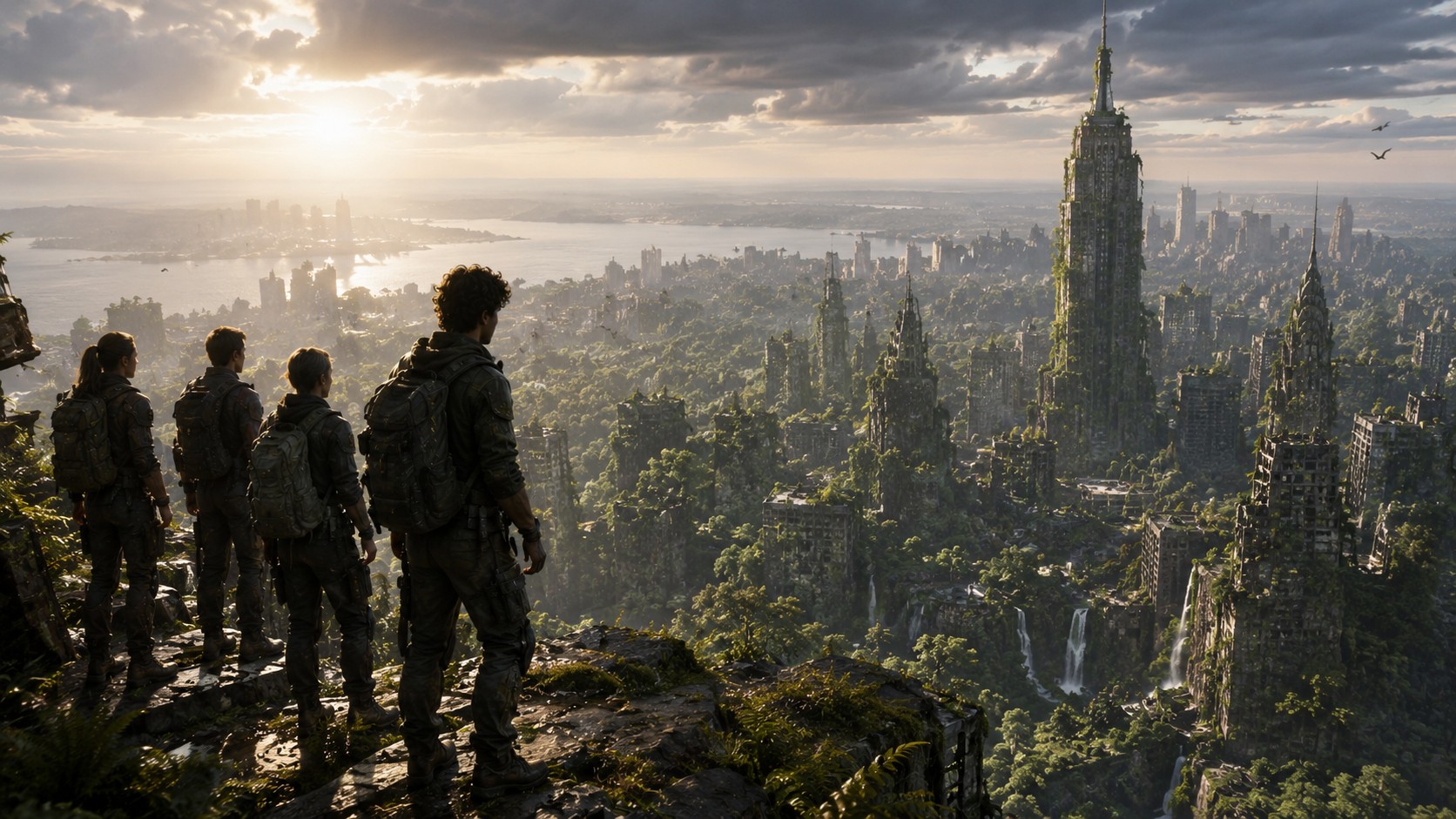 Four teenagers on a clifftop at dawn looking out over a healed Earth: a drowned city overgrown with forest, waterfalls falling from the towers, the sea beyond.
