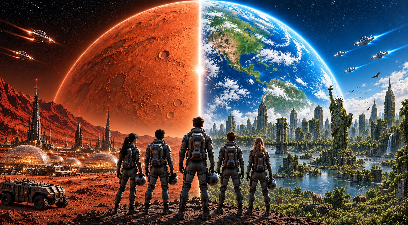 Five figures in exploration suits stand on a ridge at the line where two worlds meet. On one side, the red Martian surface with lit habitat domes, a rover and the spires of the colony, and craft streaking away above it. On the other, a healed Earth: the ruins of a city overgrown with forest, vines climbing the towers and the Statue of Liberty, waterfalls falling through the cliffs, a river running below and animals moving at the water's edge. Both planets hang in the sky above them.
