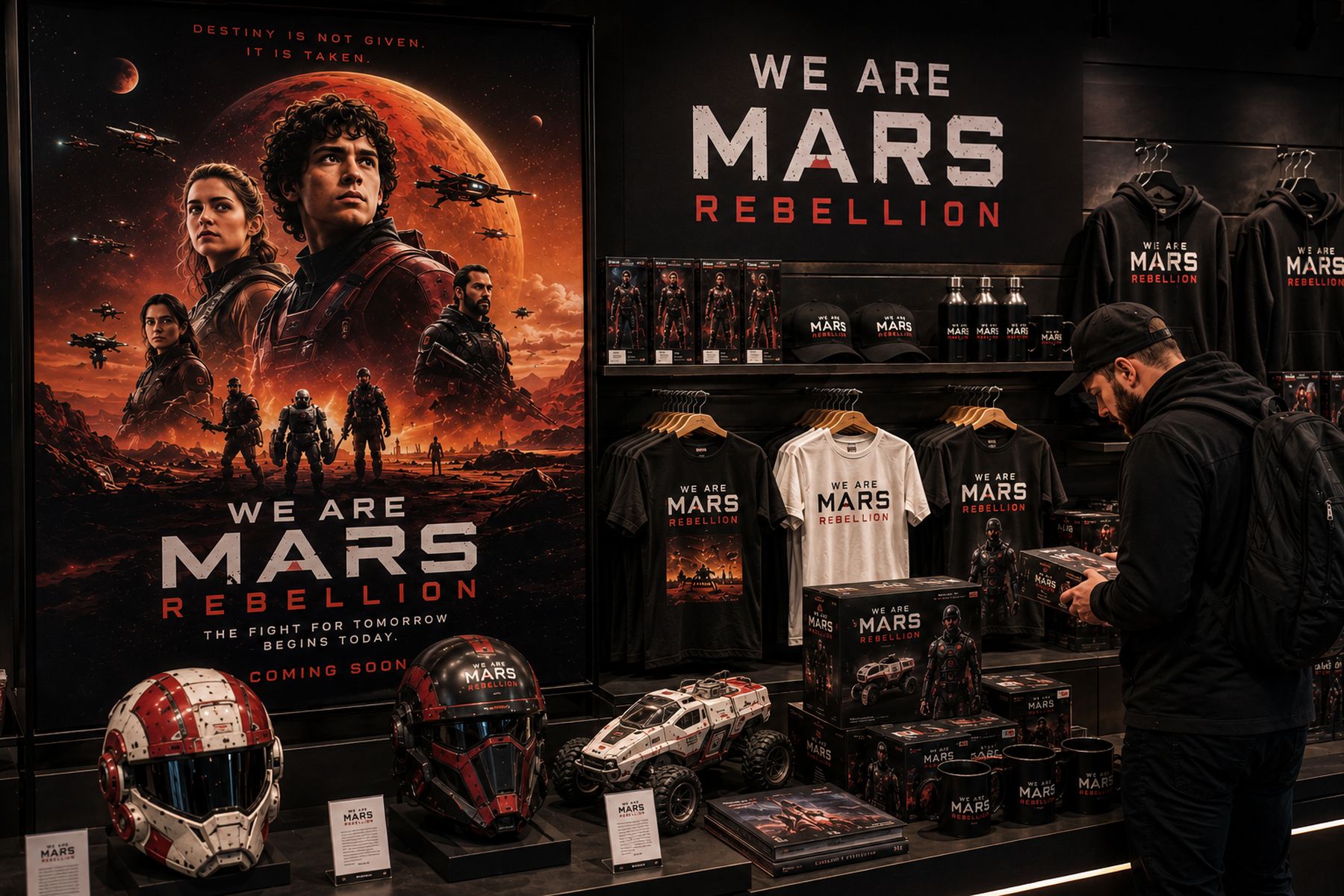 A cinema store display for We Are Mars: Rebellion — the film's one-sheet beside shelves of branded shirts, caps, helmets, vehicle models and collectibles, with a shopper browsing.