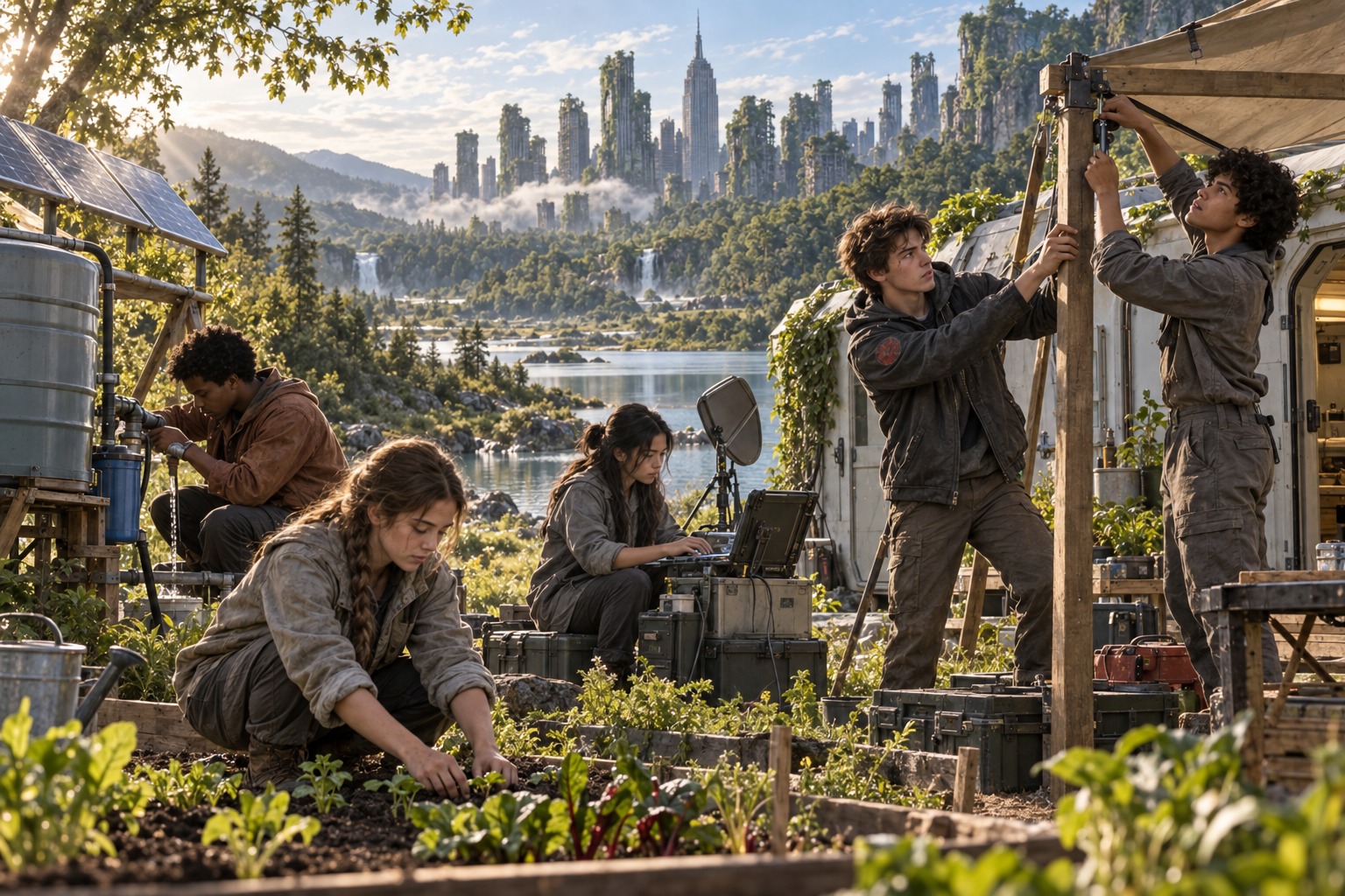 Jack, Mei, Malik, Santi and Ava building humanity&rsquo;s first new settlement on Earth: planting a vegetable bed, filtering water into a tank, working a field laptop and raising a timber frame beside their shelter, with a forested river valley and the overgrown ruins of a city behind them.