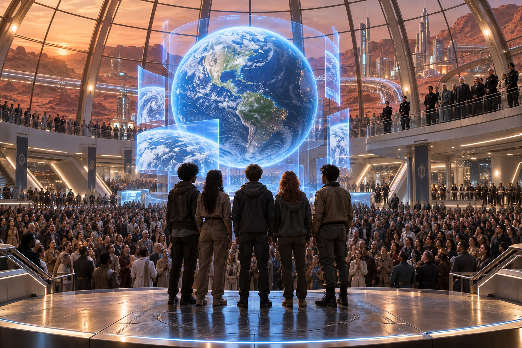 Five Mars-born teenagers stand before a vast crowd inside a Martian civic dome as a holographic living Earth is revealed, while government leaders watch from above.